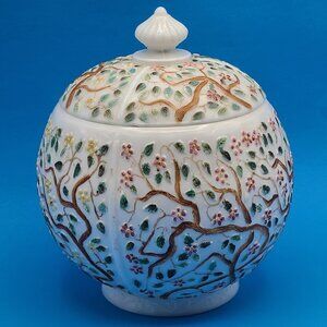 Challinor Taylor Antique Tree of Life Milk Glass Lidded Biscuit Jar 1890s